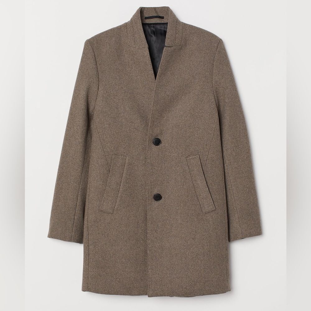 H&M Classic Wool-Blend Stand Up Color Topcoat in Taupe